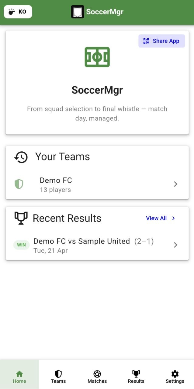 SoccerMgr home dashboard showing teams and recent results