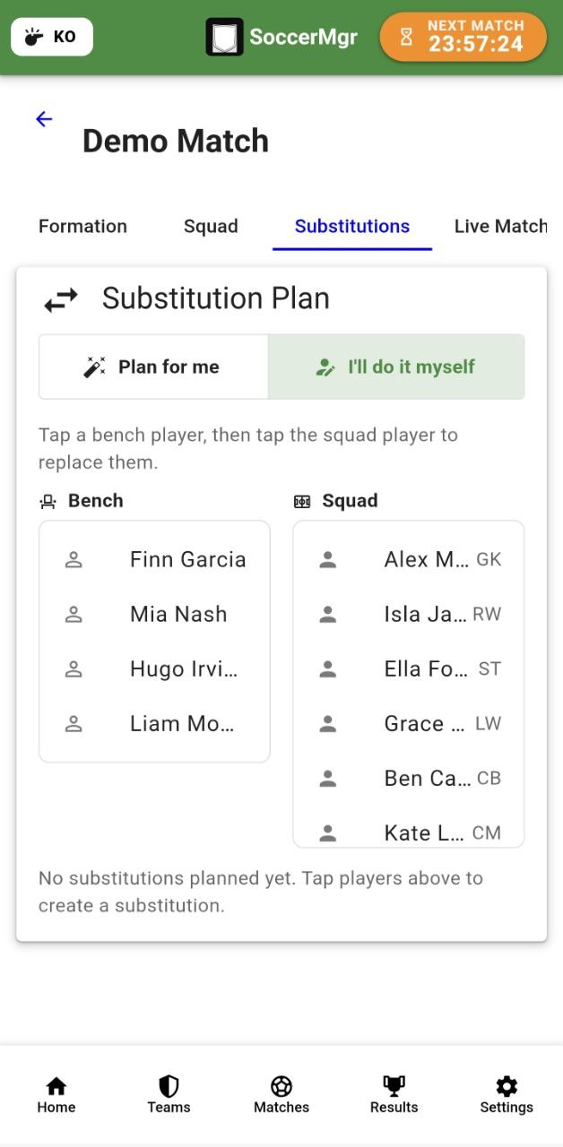 SoccerMgr substitution planner showing bench and squad lists with Plan for me option