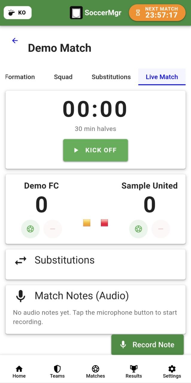 SoccerMgr live match screen with timer, scoreboard and substitution controls