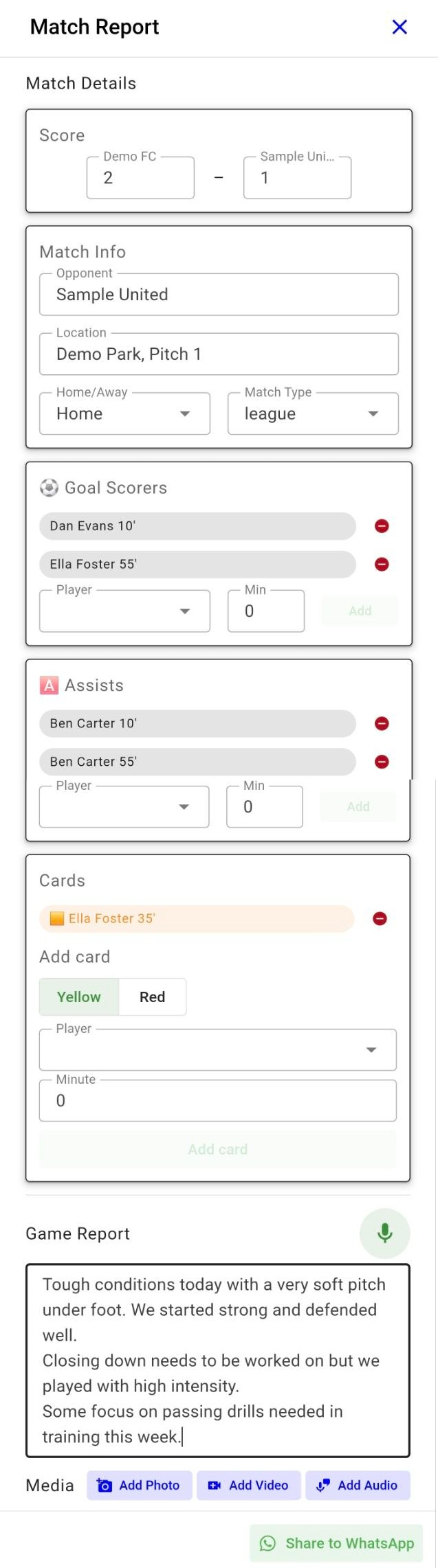 SoccerMgr editable match report with score, goal scorers, cards and a written game report